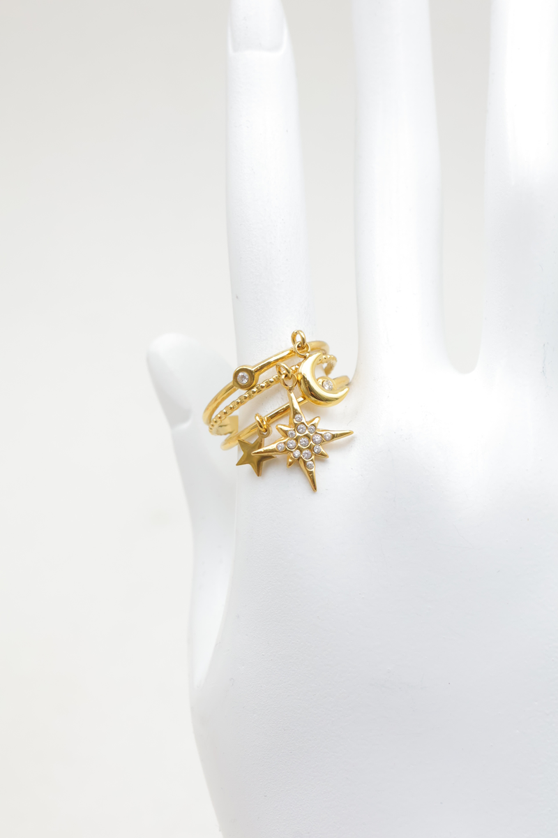Anillo ancho ajustable de acero inoxidable con dijes de estrella, luna, estrella del norte y estrás