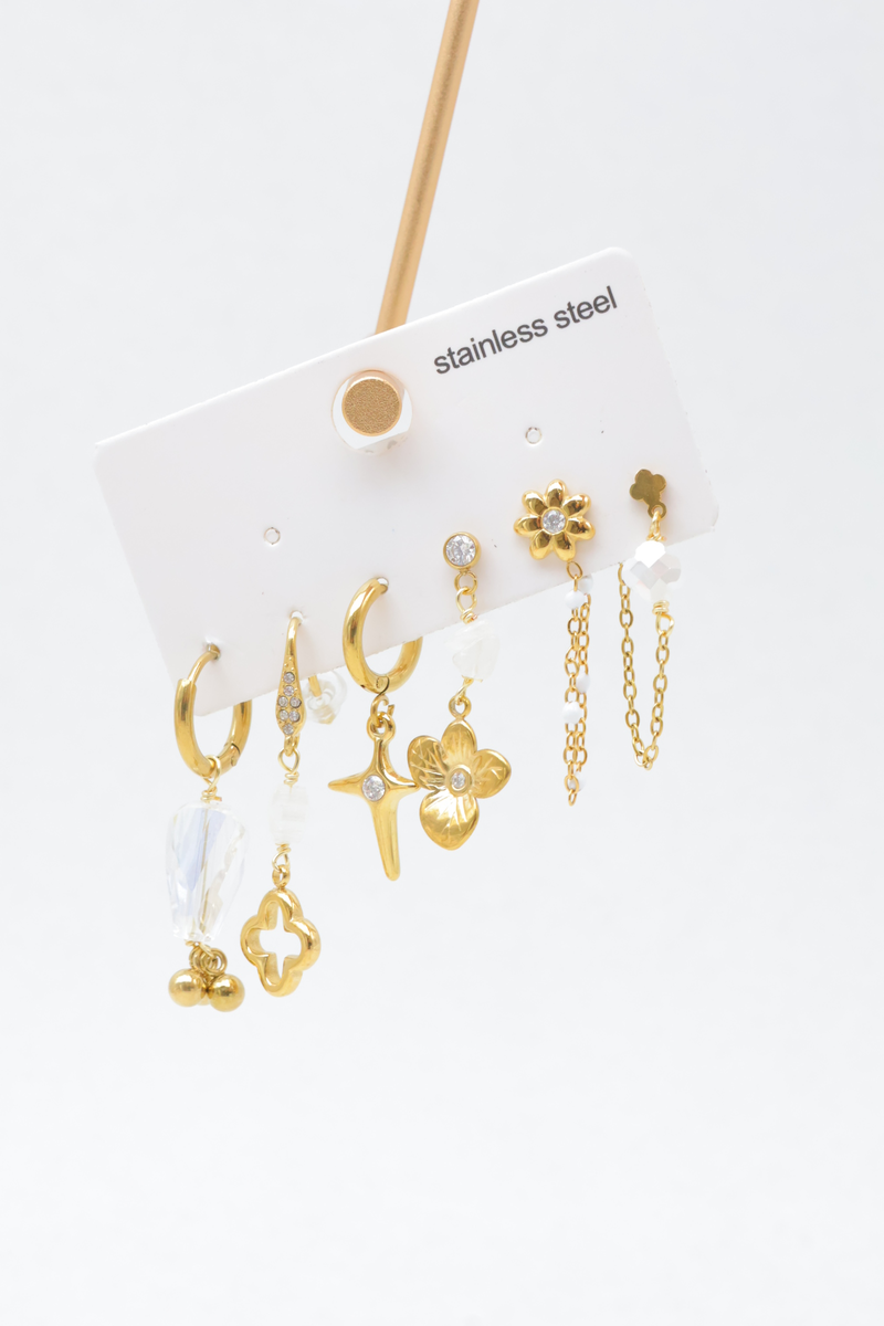 Set aus 6 ohrringen und steckern aus edelstahl mit blumen-, stern- und perlenmotiven 2