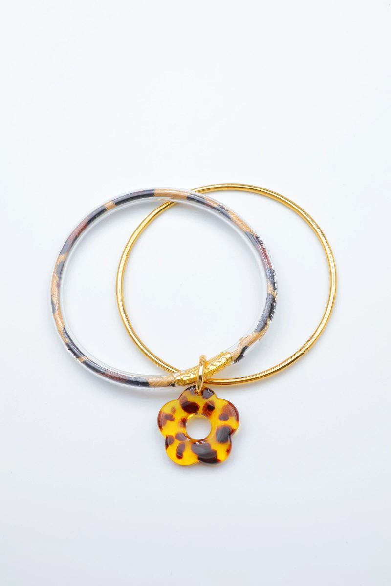 Bracelet jonc double en acier inoxydable – Breloque fleur effet léopard 2