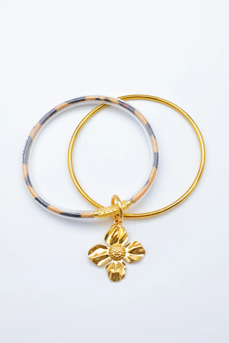 Stainless steel double bangle bracelet – flower charm 2