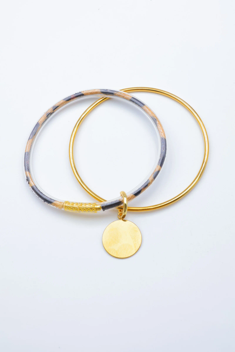 Bracelet jonc double en acier inoxydable – Breloque ronde gravable 2