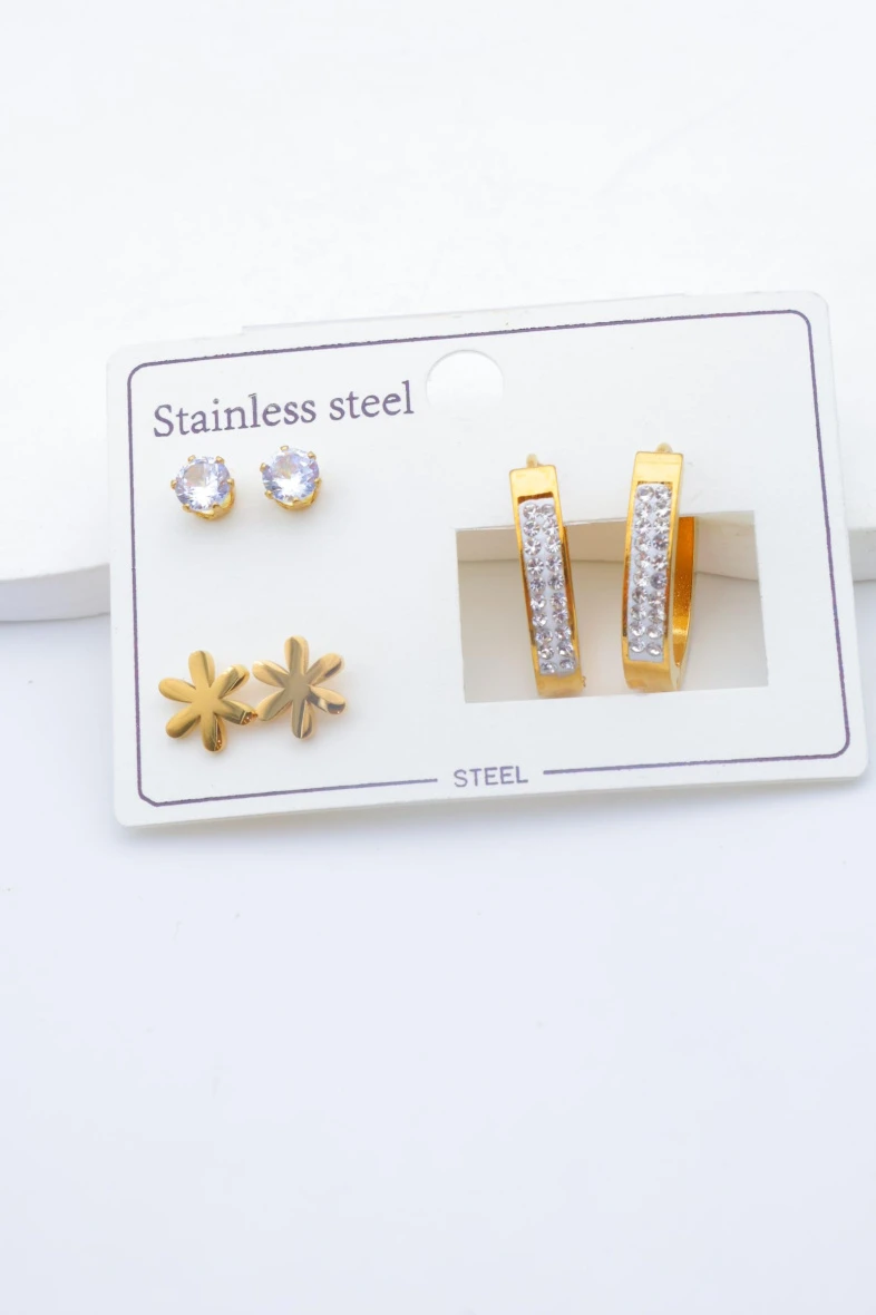 Lot de 3 paires de boucles d’oreilles fleur et strass en acier inoxydable 2