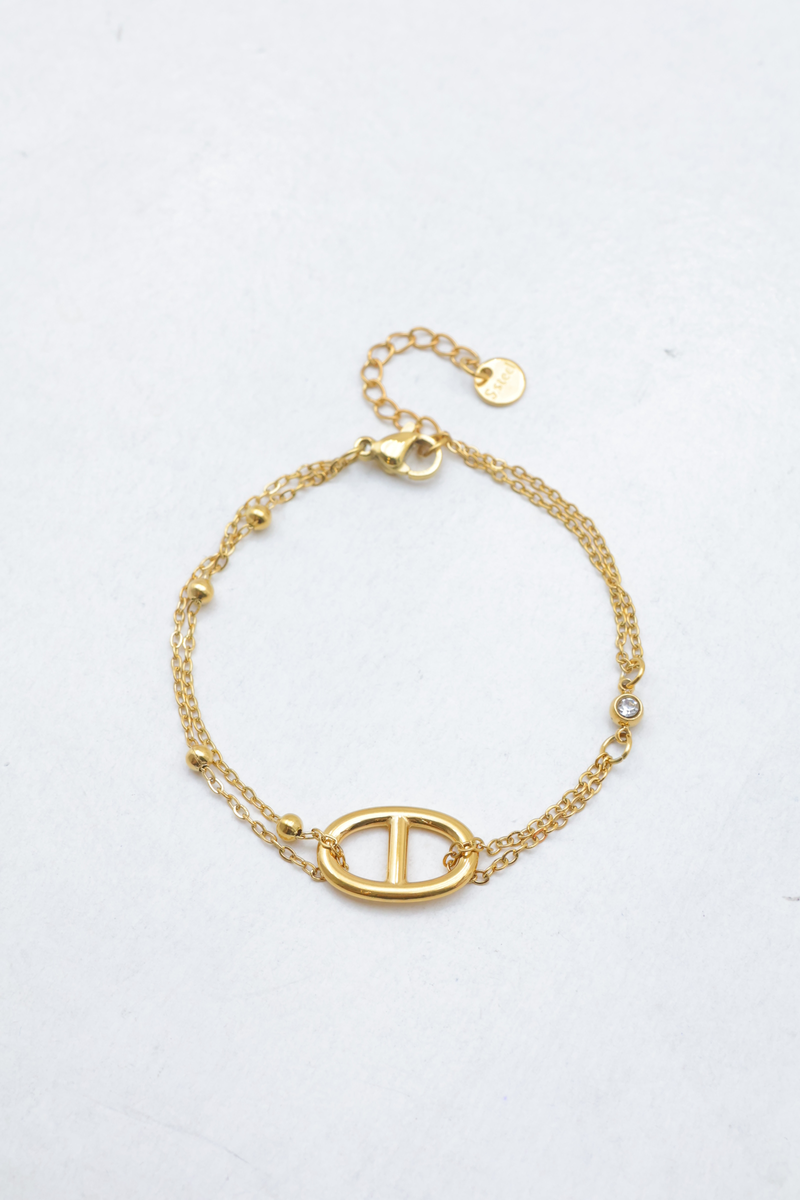 Doppelstrang-armband aus edelstahl mit marinekettenglied-muster, perlen und strasssteinen