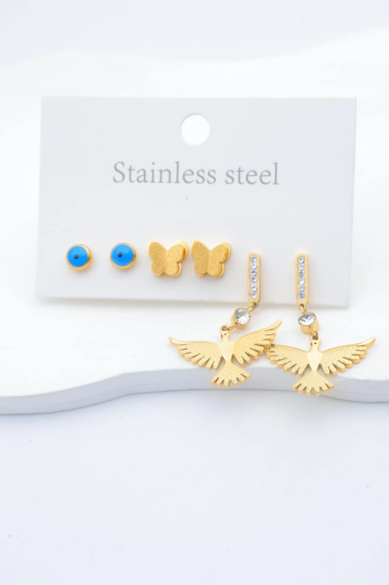 Lot de 3 paires de boucles d’oreilles œil papillon phoenix en acier inoxydable 2
