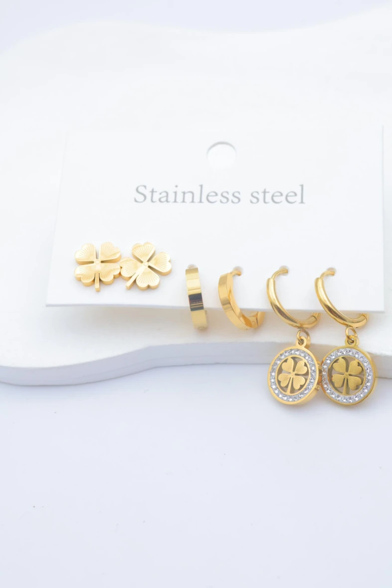 Lot de 3 paires de boucles d’oreilles arbre de vie et trèfle en acier inoxydable 2