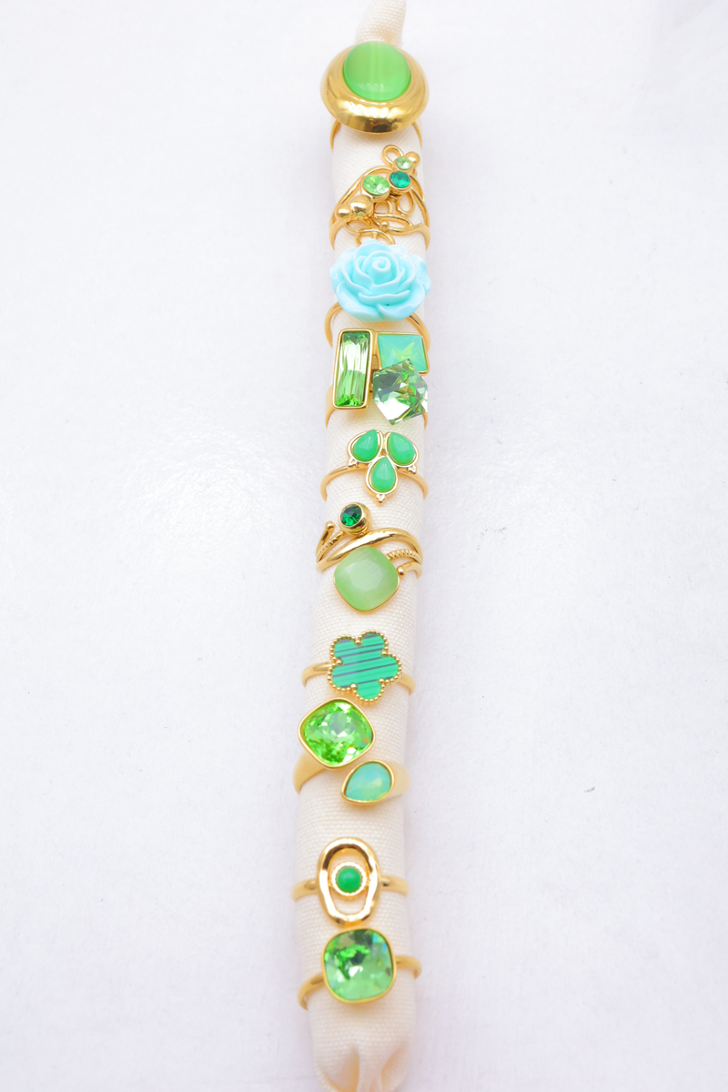 Set of 10 enamelled rings on cushion roll