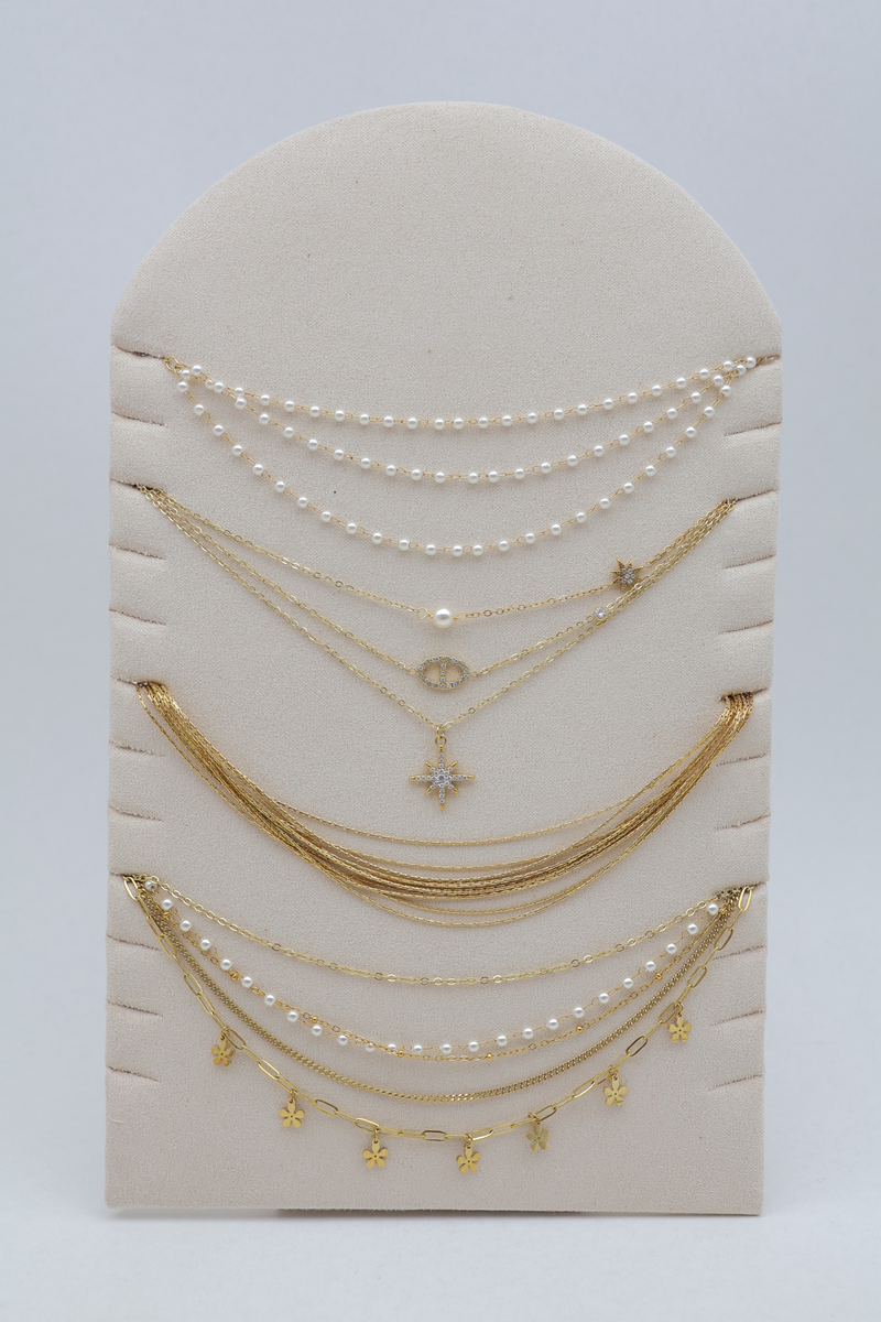 Set of 4 triple pearl and thin-chain necklaces with display