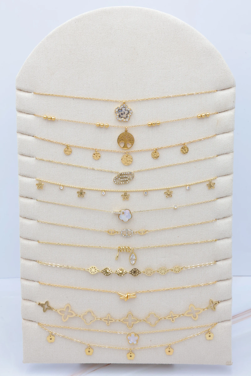Set of 12 stainless steel necklaces with display stand
