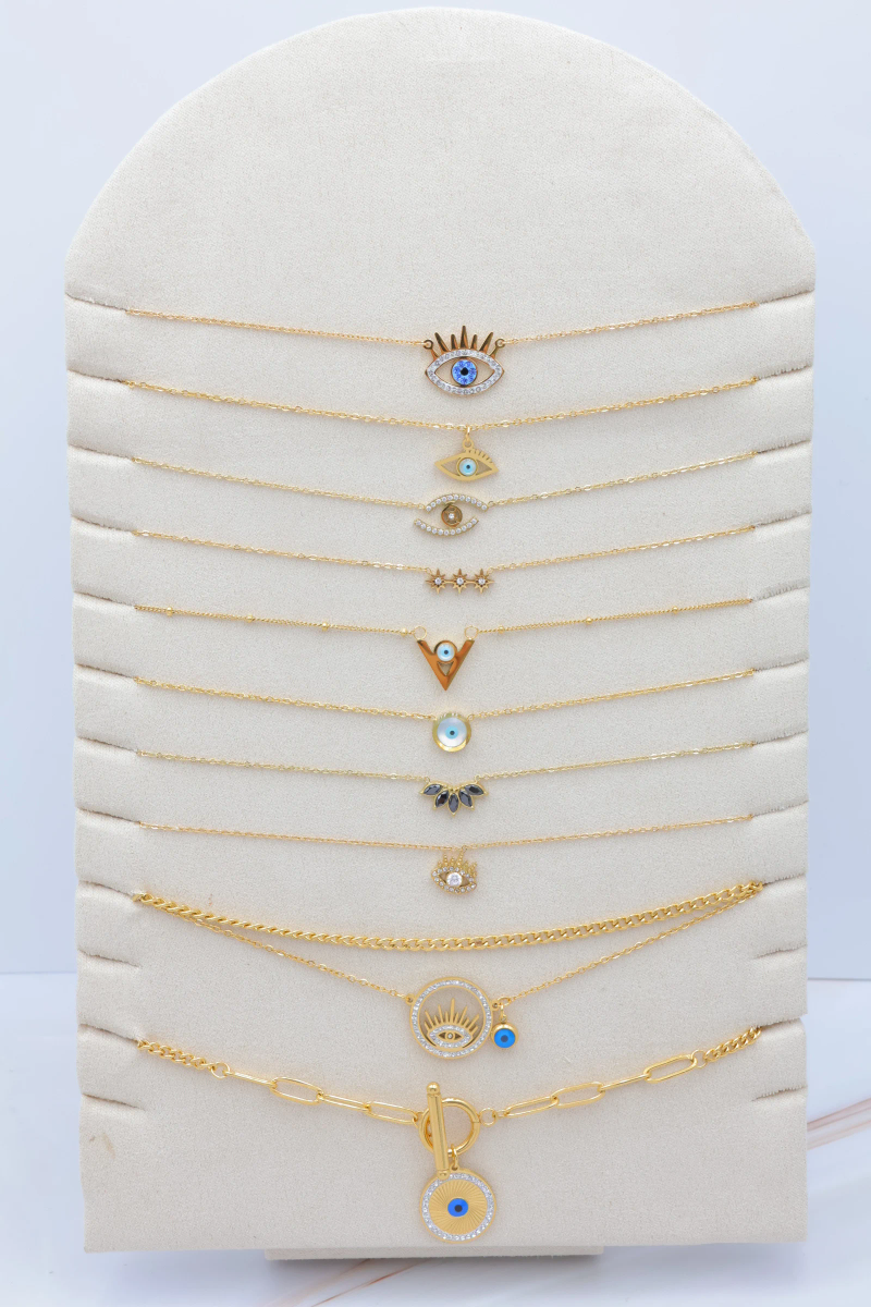 Set of 10 stainless steel necklaces with display stand