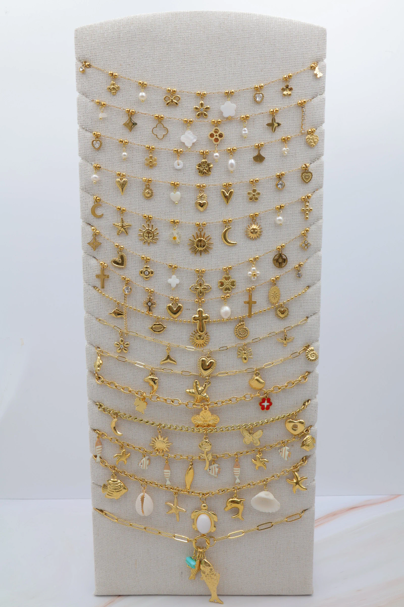 Set of 15 stainless steel necklaces with display stand