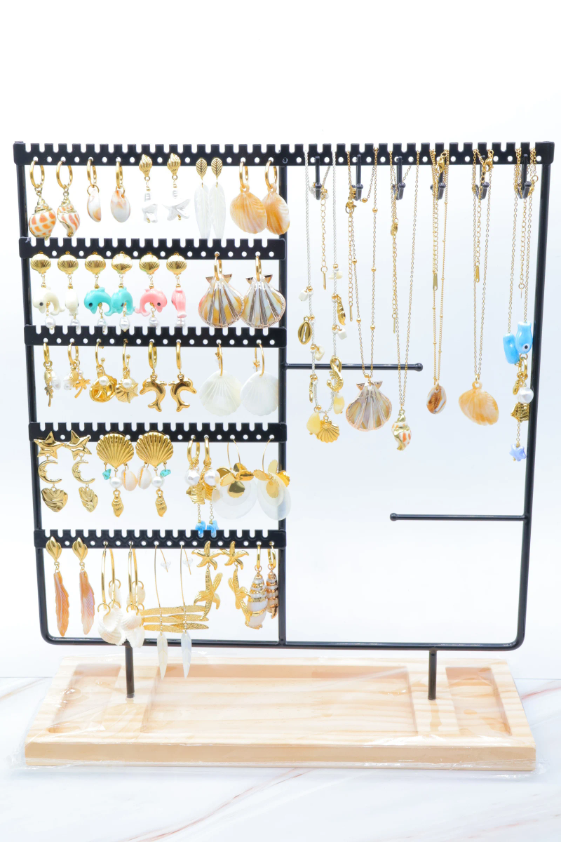 Lot de 22 boucles d'oreilles et 6 colliers en acier inoxydable avec présentoir