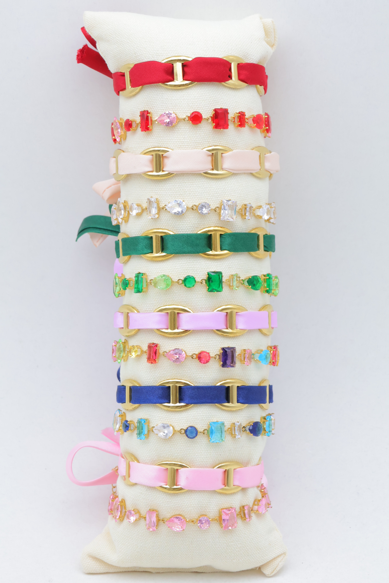 Lot de 12 bracelets en acier inoxydable à mailles marine avec ruban et strass multicolores