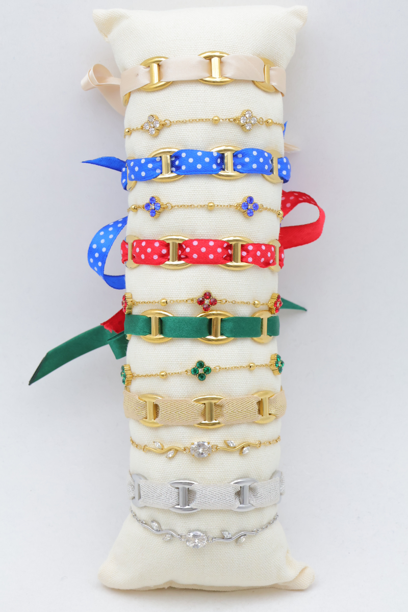Lot de 12 bracelets en acier inoxydable à mailles marine avec rubans à pois, trèfles et strass