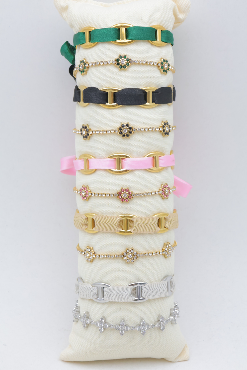 Lot de 10 bracelets en acier inoxydable à mailles marine avec rubans et fleurs en strass assorties