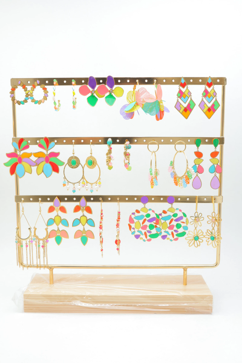 Set of 15 pairs of earrings with display stand — Multicolor