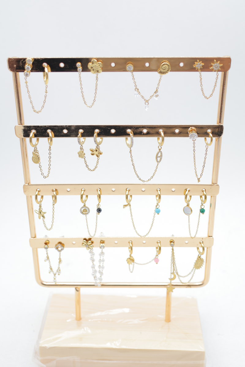 Lot de 16 boucles d'oreilles chaîne à l'unité avec présentoir