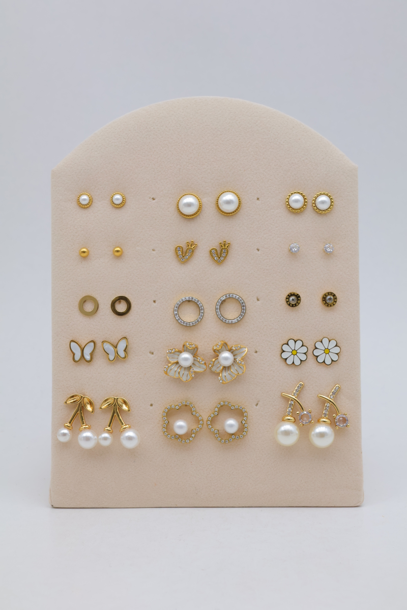Lot de 15 puces d'oreilles perle, papillon et fleur
