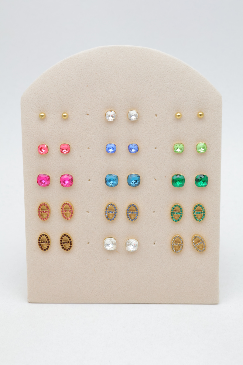 Lot de 15 puces d'oreilles en acier inoxydable à strass et cristaux sur présentoir en tissu de lin — Multicolore