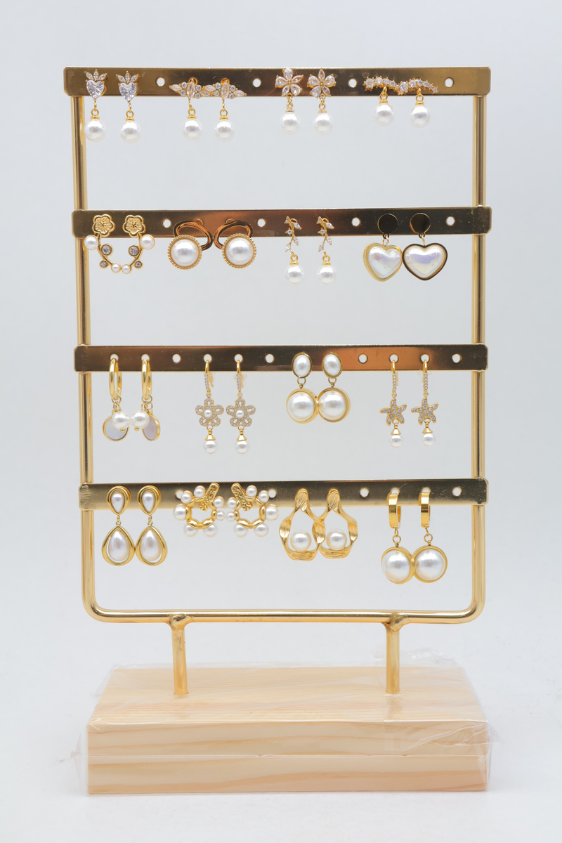 Lot de 16 paires de boucles d'oreilles avec porte-bijoux vertical en bois et métal à 4 niveaux
