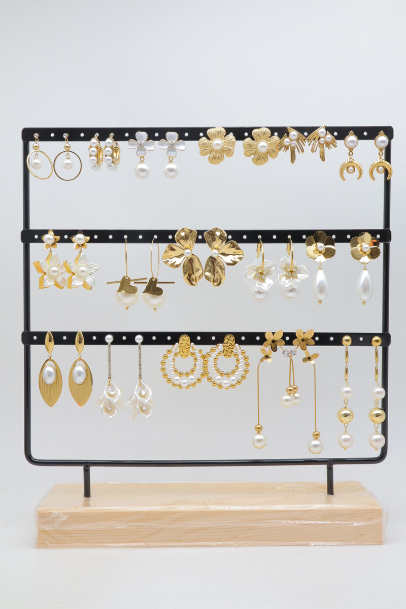 Lot de 16 paires de boucles d'oreilles avec présentoir en bois et métal noir à 3 rangées perforées