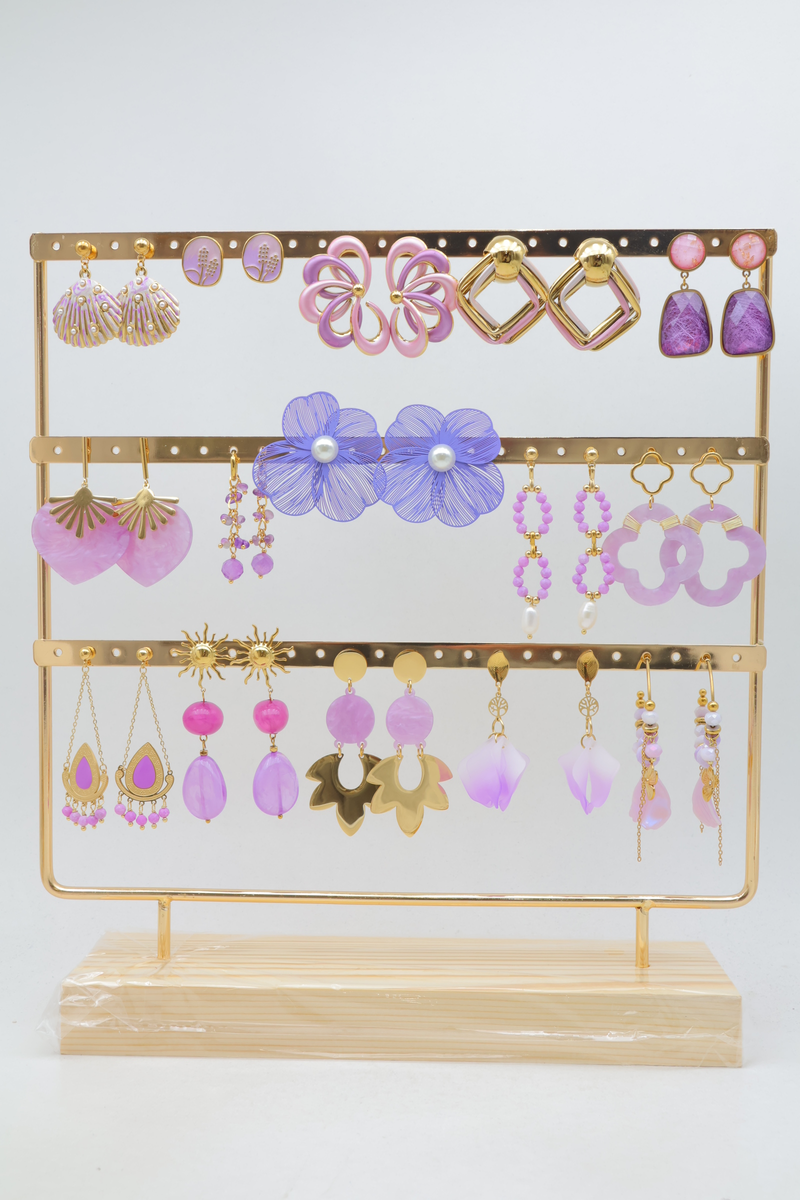 Lot de 15 paires de boucles d'oreilles en acier inoxydable avec présentoir en métal et bois