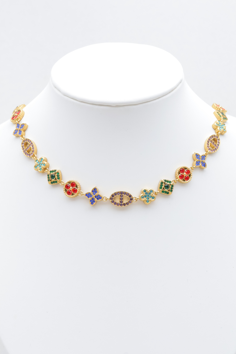 Collier sautoir en acier inoxydable motifs géométriques et pavages de strass — Multicolore