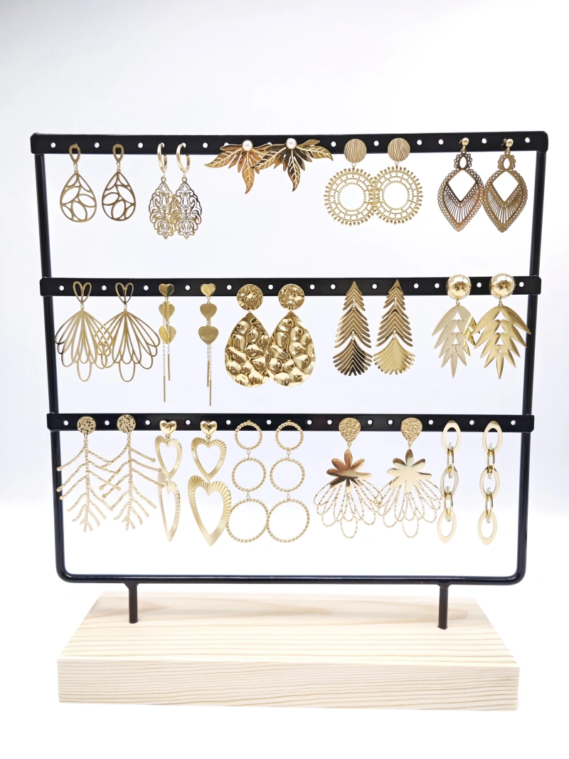 Lot de 15 boucles d'oreilles en acier inoxydable avec présentoir