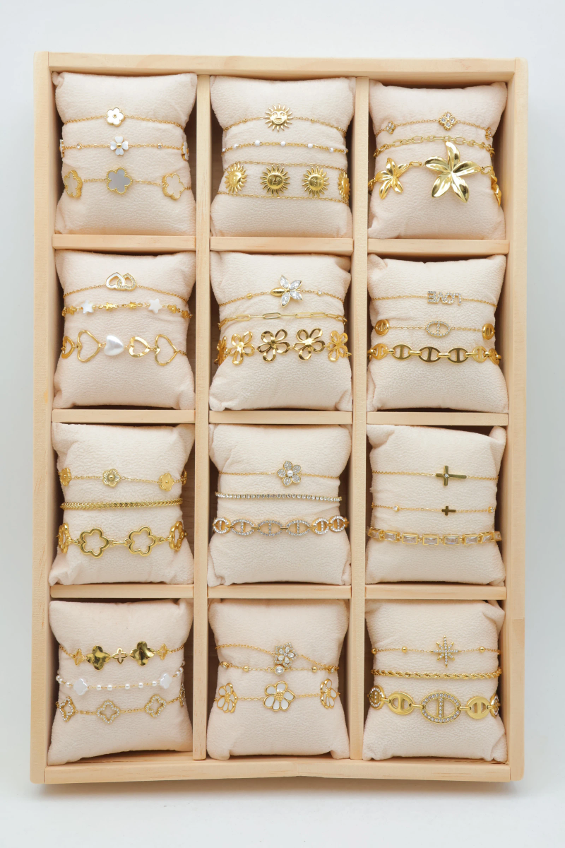 Lot de 36 bracelets en acier inoxydable avec présentoir et coussin