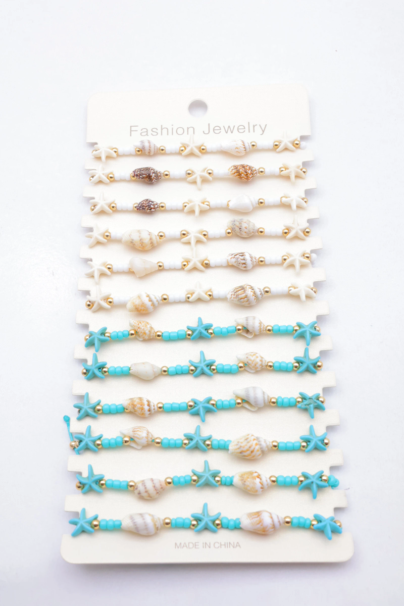 Lot de 12 bracelets cordon coquillages et étoiles de mer